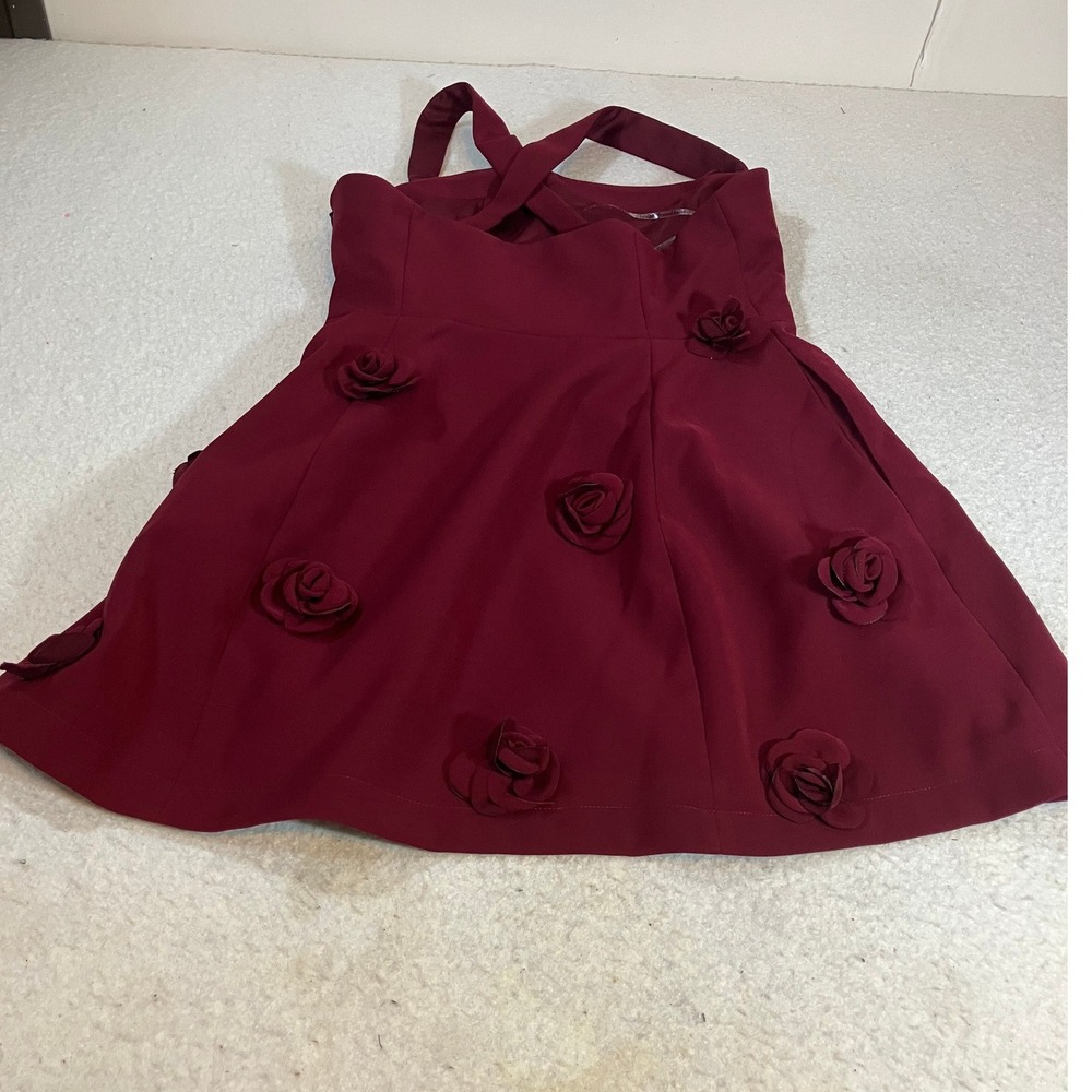 Avec Les Filles Burgundy 3D Rosette Floral Fit & Flare Halter Mini Dress Size 6